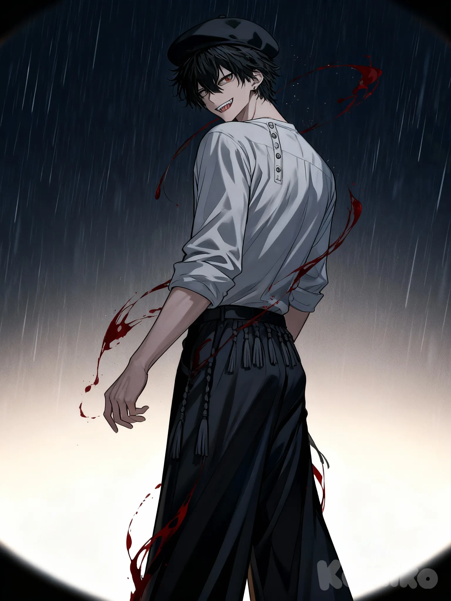 [muscular-manhwa-style], @kusagane-kabuto-b7pY, looking back, evil smile, henley shirt, wide-leg pants, tassels, beret, panoramic lens, side light, gradient background, rainy