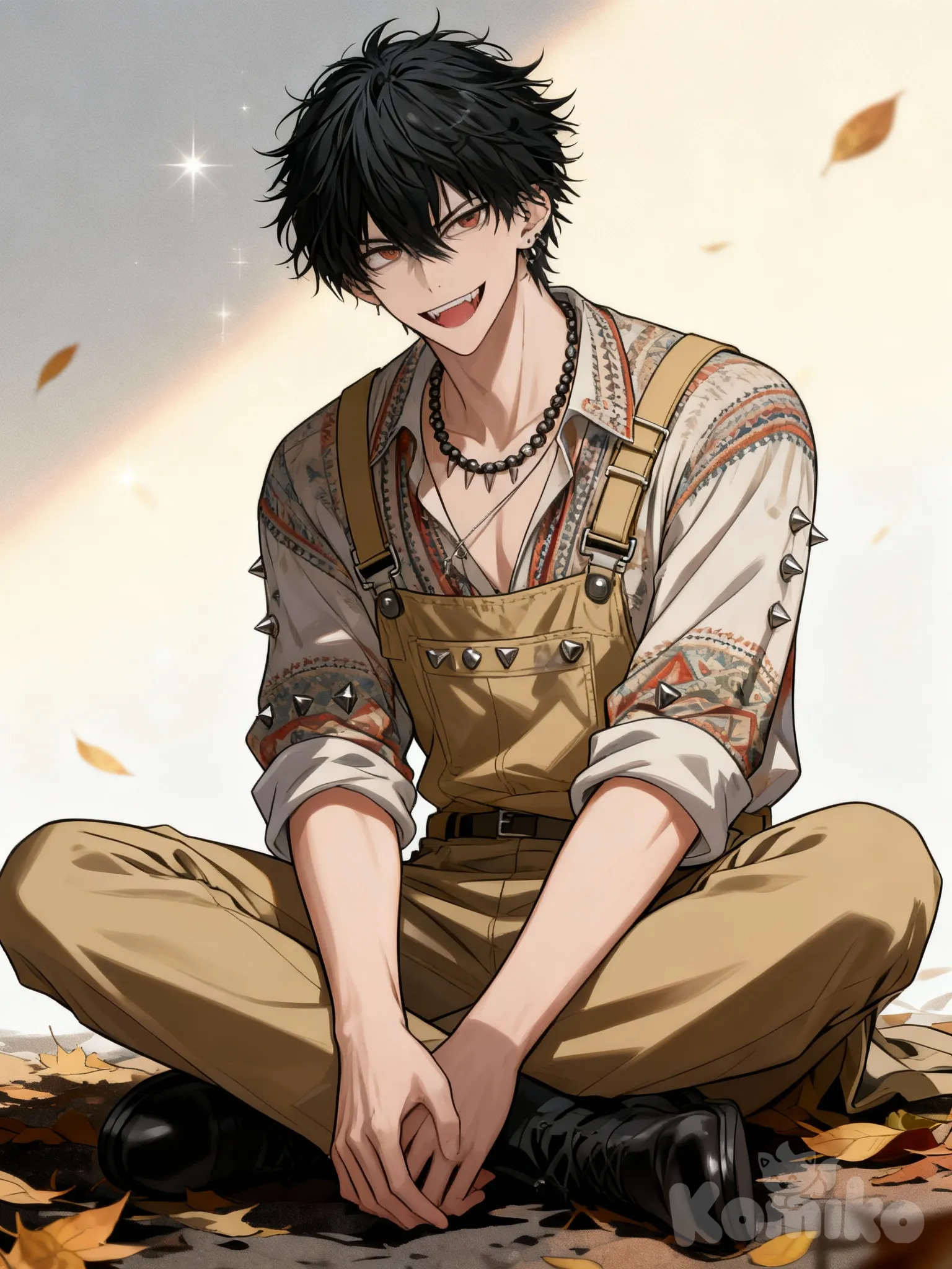 @kusagane-kabuto-b7pY, [muscular-manhwa-style], sitting on the ground, crossed legs, evil smile, bohemian shirt, overalls, studs, necklace, khaki, full body, front profile photo, from above, side light, sparkle, gradient background, leaves falling