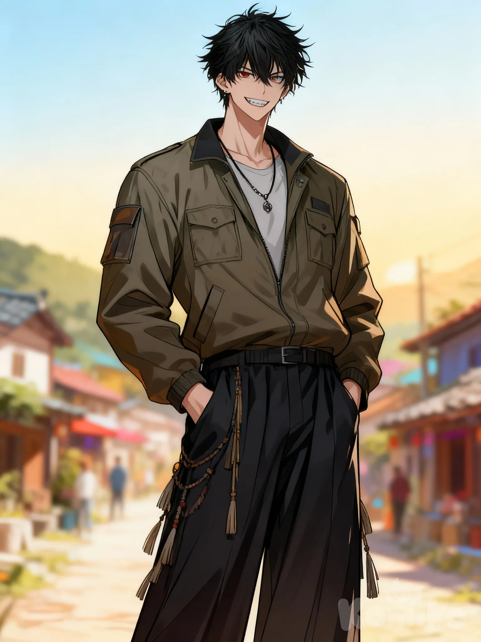 @kusagane-kabuto-b7pY, [muscular-manhwa-style], evil smile, outdoor adventure jacket, wide-leg pants, tassels, necklace, gradient, village, gradient background, ambient light, day, hands in pockets, medium long shot, blurred background, front profile photo