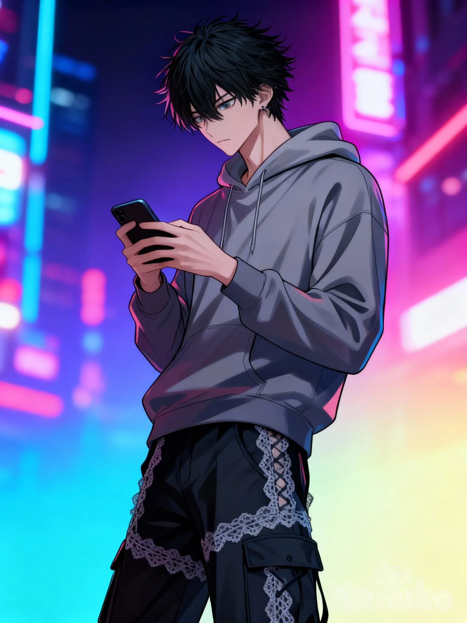 @kusagane-kabuto-b7pY, looking at phone, expressionless, [muscular-manhwa-style], hoodie, cargo pants, lace, gradient, upper body, neon lights, cityscape