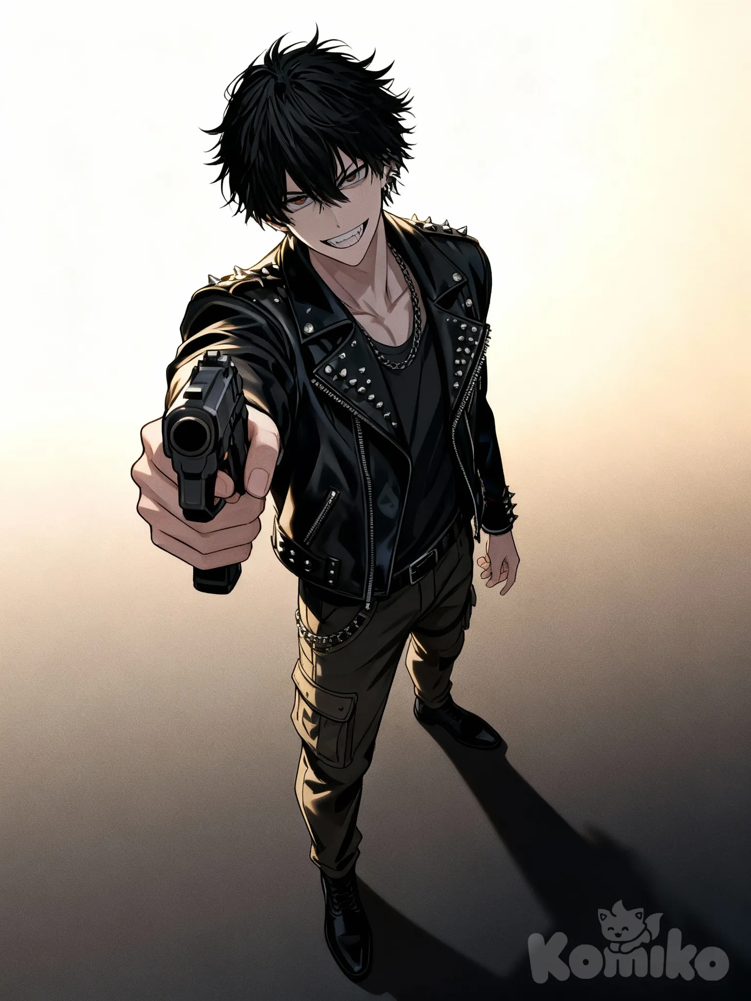 @kusagane-kabuto-b7pY, [muscular-manhwa-style], evil smile, holding gun, pointing at viewer, from above, medium long shot, bird's-eye view, looking at viewer, backlight, gradient background, punk leather jacket, cargo pants, studs