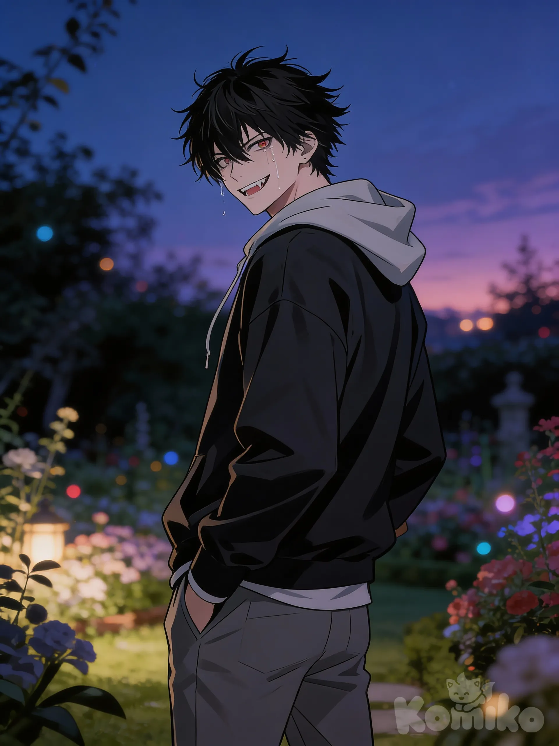 @kusagane-kabuto-b7pY, [muscular-manhwa-style], looking back, evil smile, crying, hoodie, casual pants, looking at viewer, blurred background, twilight, garden