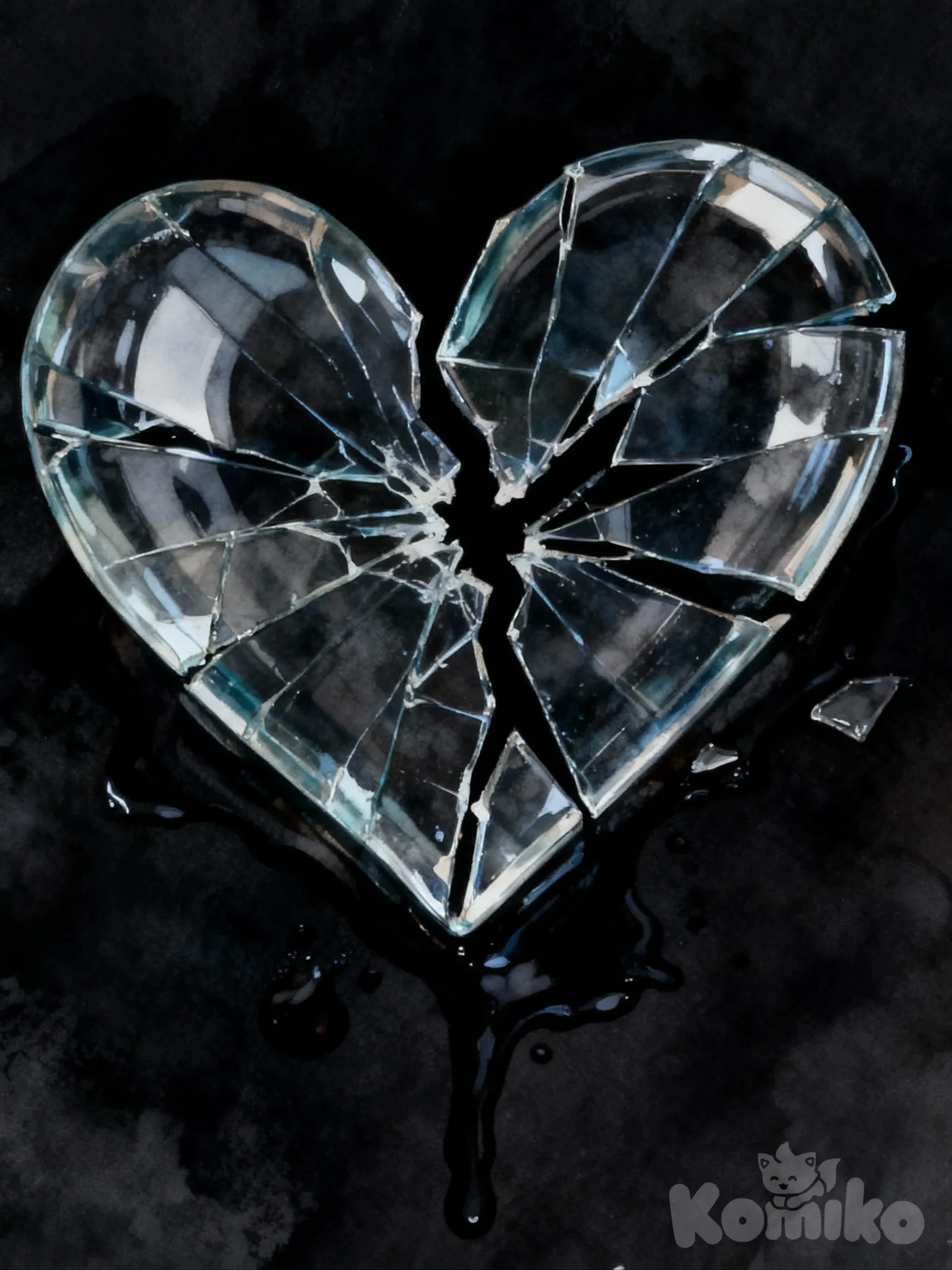 The style needs to match the reference but I want a broken heart version, make the black ground in depressing mood, and also the whole picture should be in a dark tone. The broken heart could be somehow seems breakable like glass or half transparent thingy with no clear lineart, instead, use the contrast between the glass and black background to separate them. emphasise on the brokenness of heart, not only a clear cut but multiple cracks and residues oil background