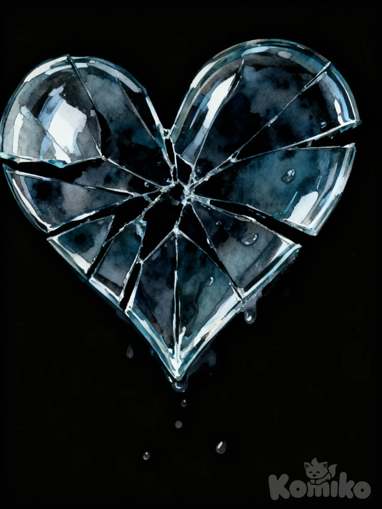 The style needs to match the reference but I want a broken heart version, make the black ground in depressing mood, and also the whole picture should be in a dark tone. The broken heart could be somehow seems breakable like glass or half transparent thingy with no clear lineart, instead, use the contrast between the glass and black background to separate them. emphasise on the brokenness of heart, not only a clear cut but multiple cracks and residues oil background