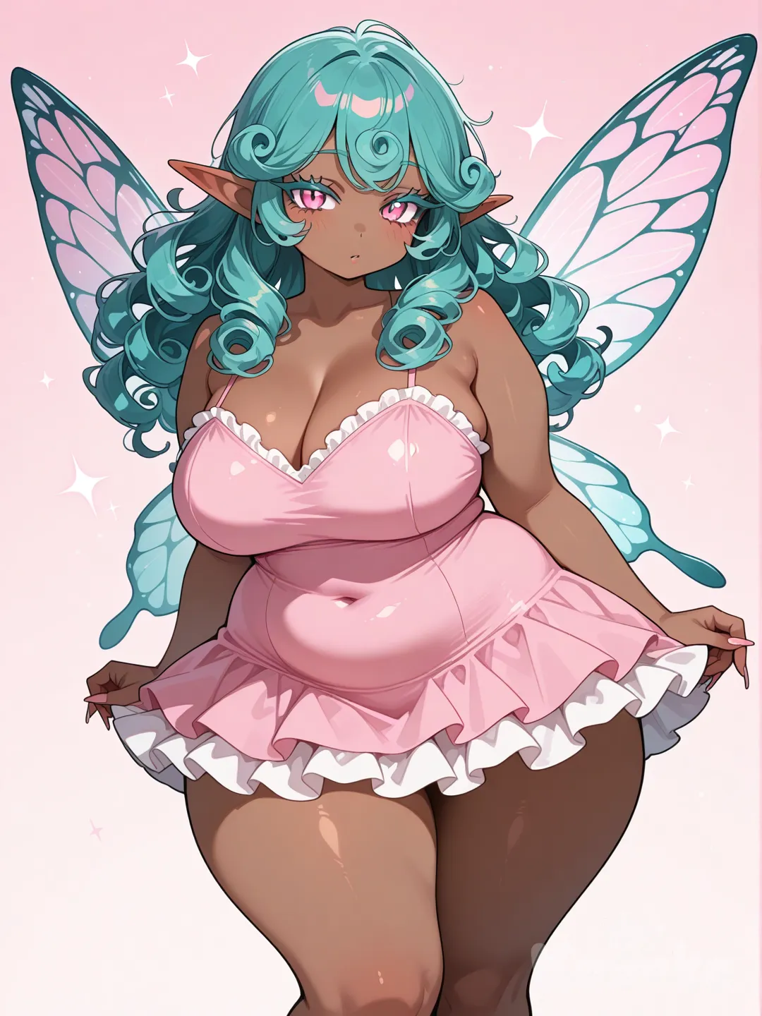 Brown skin lady with a plush body. Long teal curly hair and pale pink eyes and long teal lashes. Pink fairy dress and long duck nails
