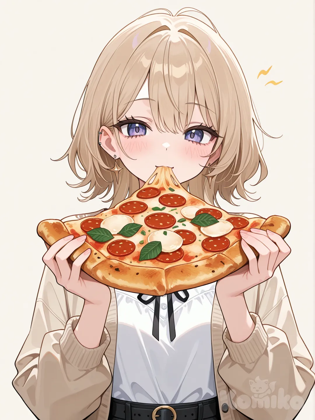 holding pizza