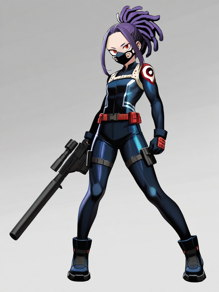 1boy, my hero academia, teenager, athletic, purple dreadlocks, red eyes, futuristic mask, single character, full body, looking at viewer, anime style, simple background, white background