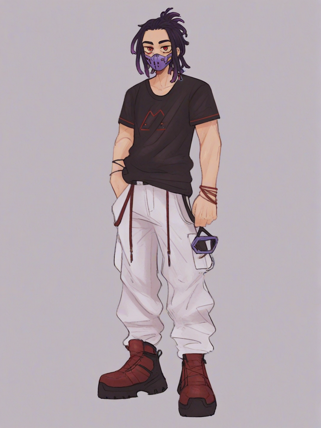 [soft-shaded-moe-style] 1boy, my hero academia, teenager, athletic, purple dreadlocks, red eyes, futuristic mask, single character, full body, looking at viewer, anime style, simple background, white background