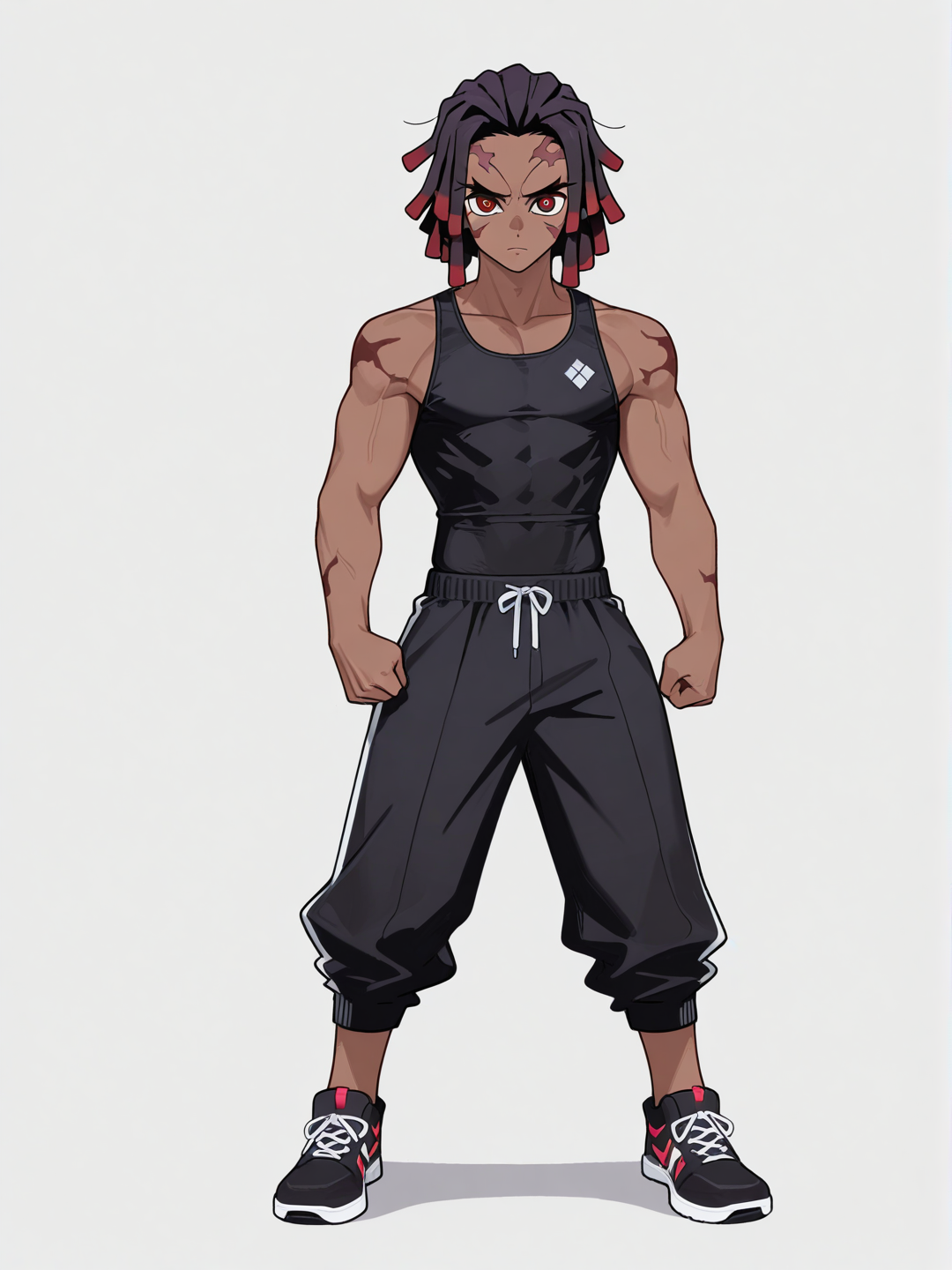 [toon-shaded-style] 1boy, demon slayer style, original character, teenager, athletic build, purple dreadlocks, red eyes, brown skin, holding twin nichirin cleavers, single character, full body, looking at viewer, simple background, white background