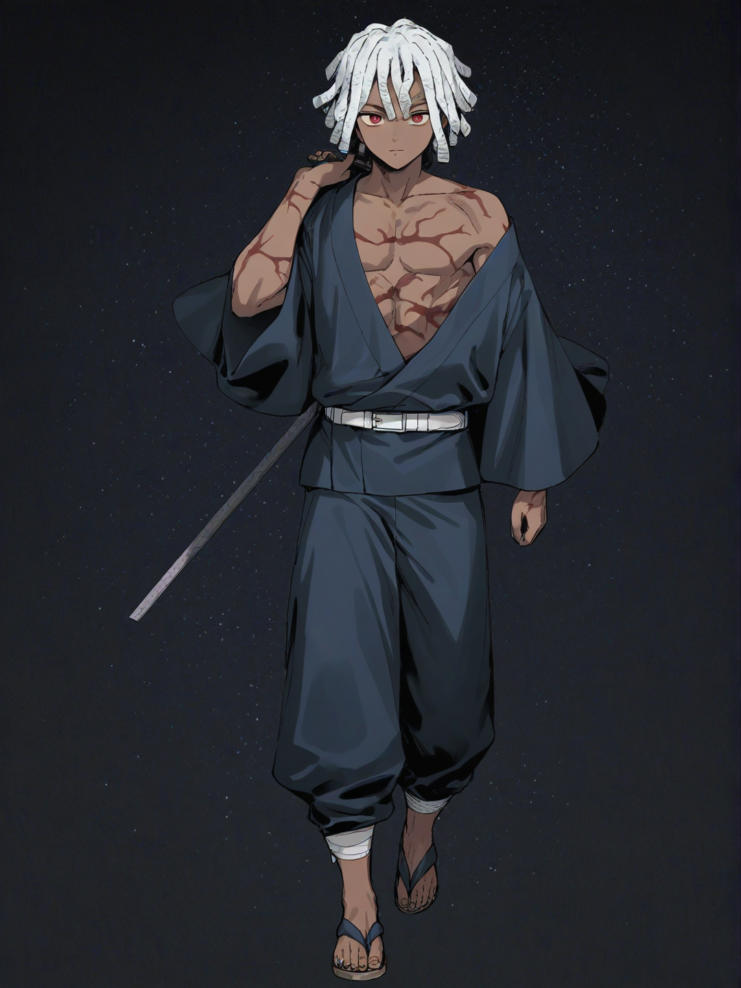 [soft-pastel-style] 1boy, demon slayer style, teenager, athletic build, purple dreadlocks, red eyes, brown skin, holding twin nichirin cleavers, space background, single character, full body, looking at viewer, simple background