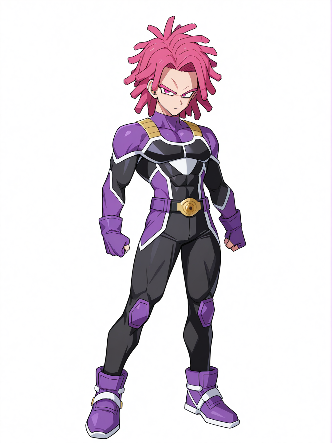 [toon-shaded-style] 1boy, cumber_(dragon_ball_heroes), purple_dreadlocks, teenage_male, athletic_build, pink_eyes, dragon_ball_(style), looking_to_the_stars, space_in_the_background, single_character, full_body, looking_at_viewer, anime_style, simple_background, white_background