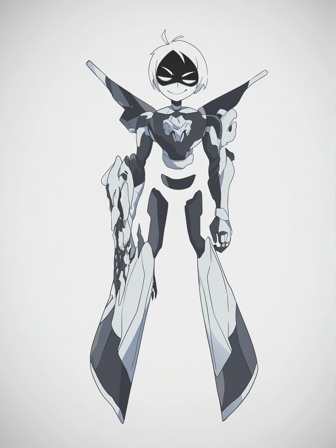 [bright-anime-style] 1boy, murder_drones, disassembly_drone, athletic, solar_eclipse_hair, black_and_white_eyes, smile, karambit, space_background, single character, full body, looking at viewer, murder_drones style, simple background, white background