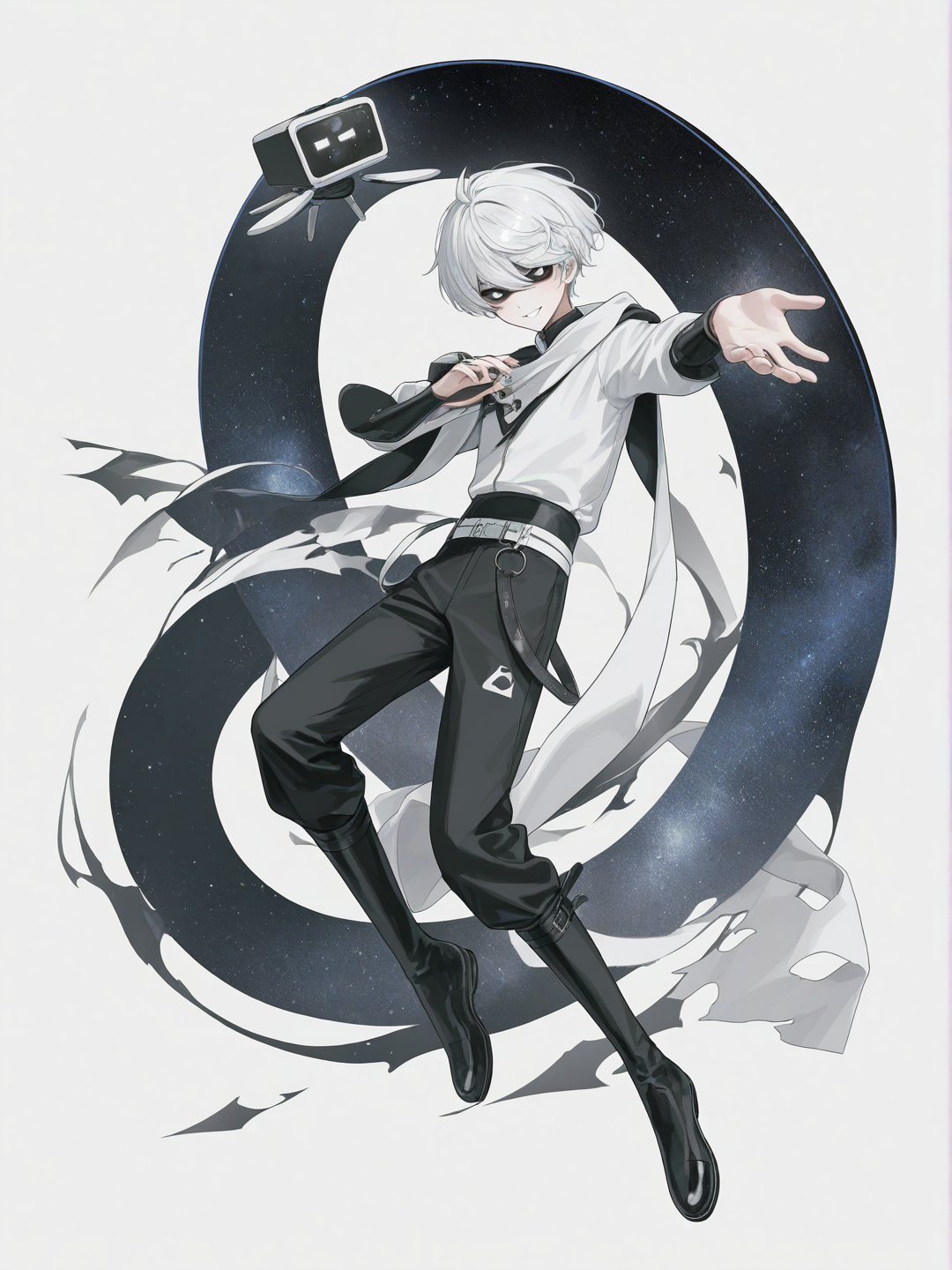 [soft-pastel-style] 1boy, murder_drones, disassembly_drone, athletic, solar_eclipse_hair, black_and_white_eyes, smile, karambit, space_background, single character, full body, looking at viewer, murder_drones style, simple background, white background