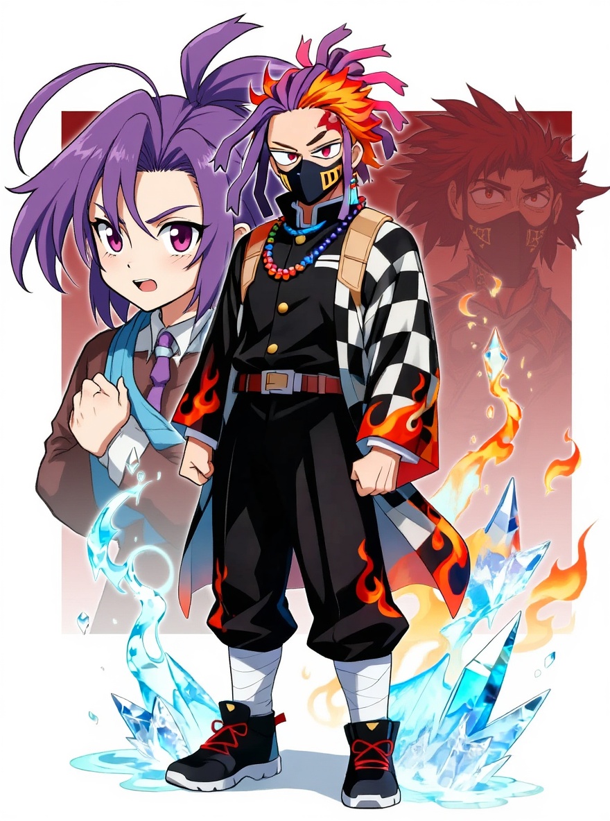 1boy, fusion of tengen uzui, giyu tomioka, kyojuro rengoku, demon slayer background, single character, full body, looking at viewer, anime style, simple background