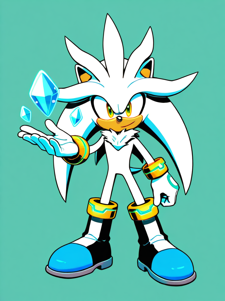 1boy, sonic the hedgehog (series), silver the hedgehog, anthropomorphic animal, teenager, purple quills, crystals, yellow eyes, green hill zone (background), single character, full body, looking at viewer, anime style, simple background