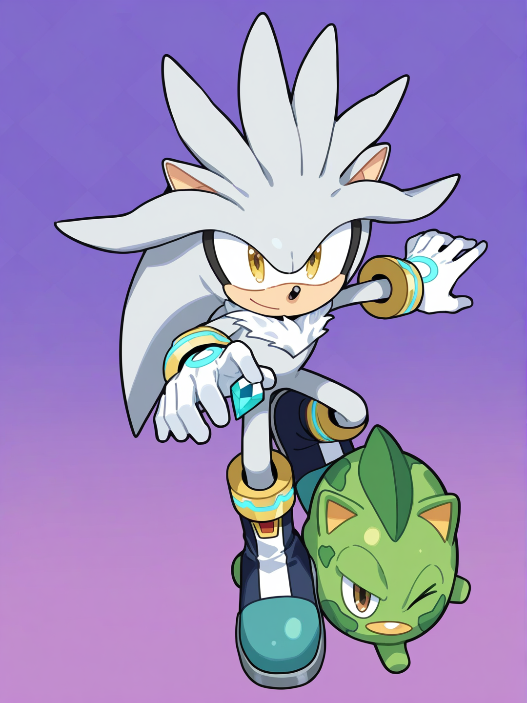 [soft-pastel-style] 1boy, sonic the hedgehog (series), silver the hedgehog, anthropomorphic animal, teenager, purple quills, crystals, yellow eyes, green hill zone (background), single character, full body, looking at viewer, anime style, simple background