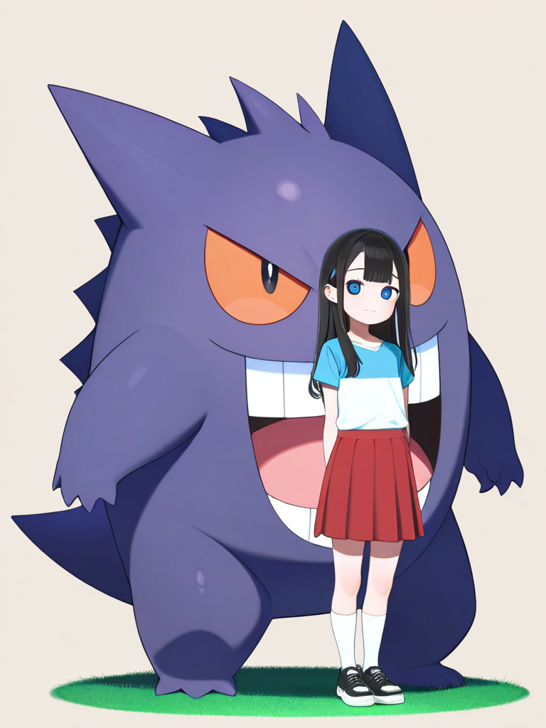 gengar_(pokemon), black_hair, blue_eyes, cute, teen, athletic, grass_background, single_character, full_body, looking_at_viewer, anime_style, simple_background
