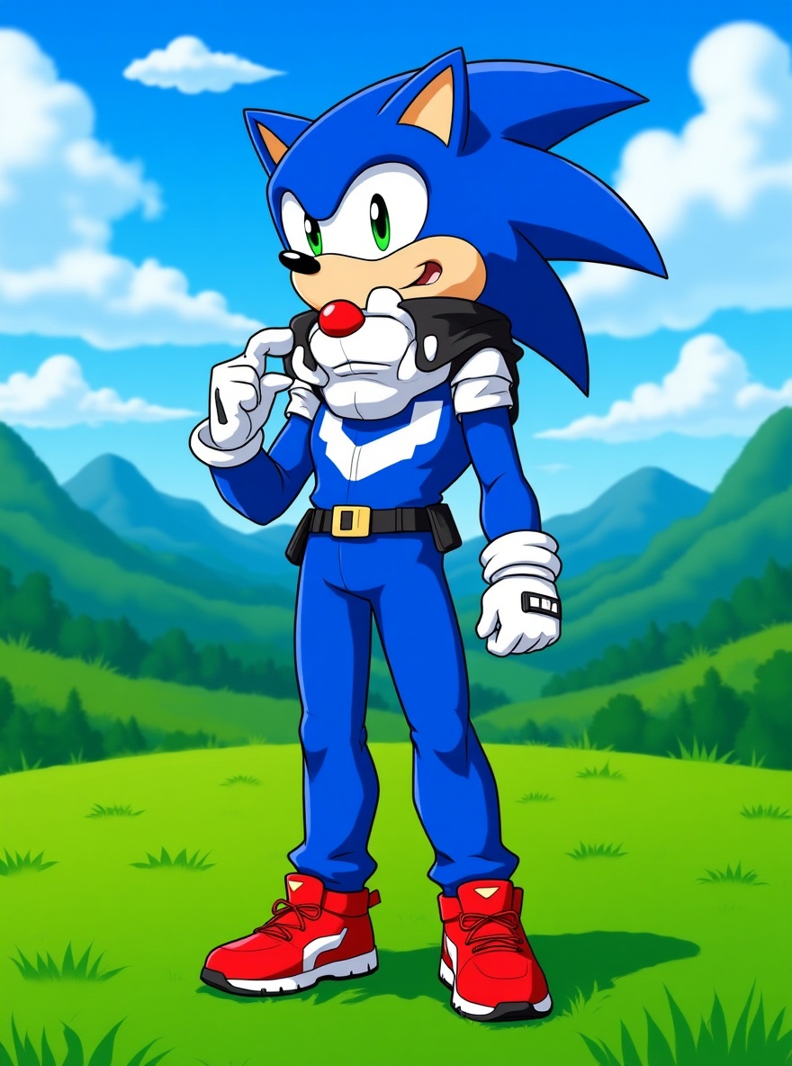 1boy, sonic the hedgehog original character, anthropomorphic animal, teenager, athletic, with a furry friend, green hills background, full body, looking at viewer, anime style, simple background