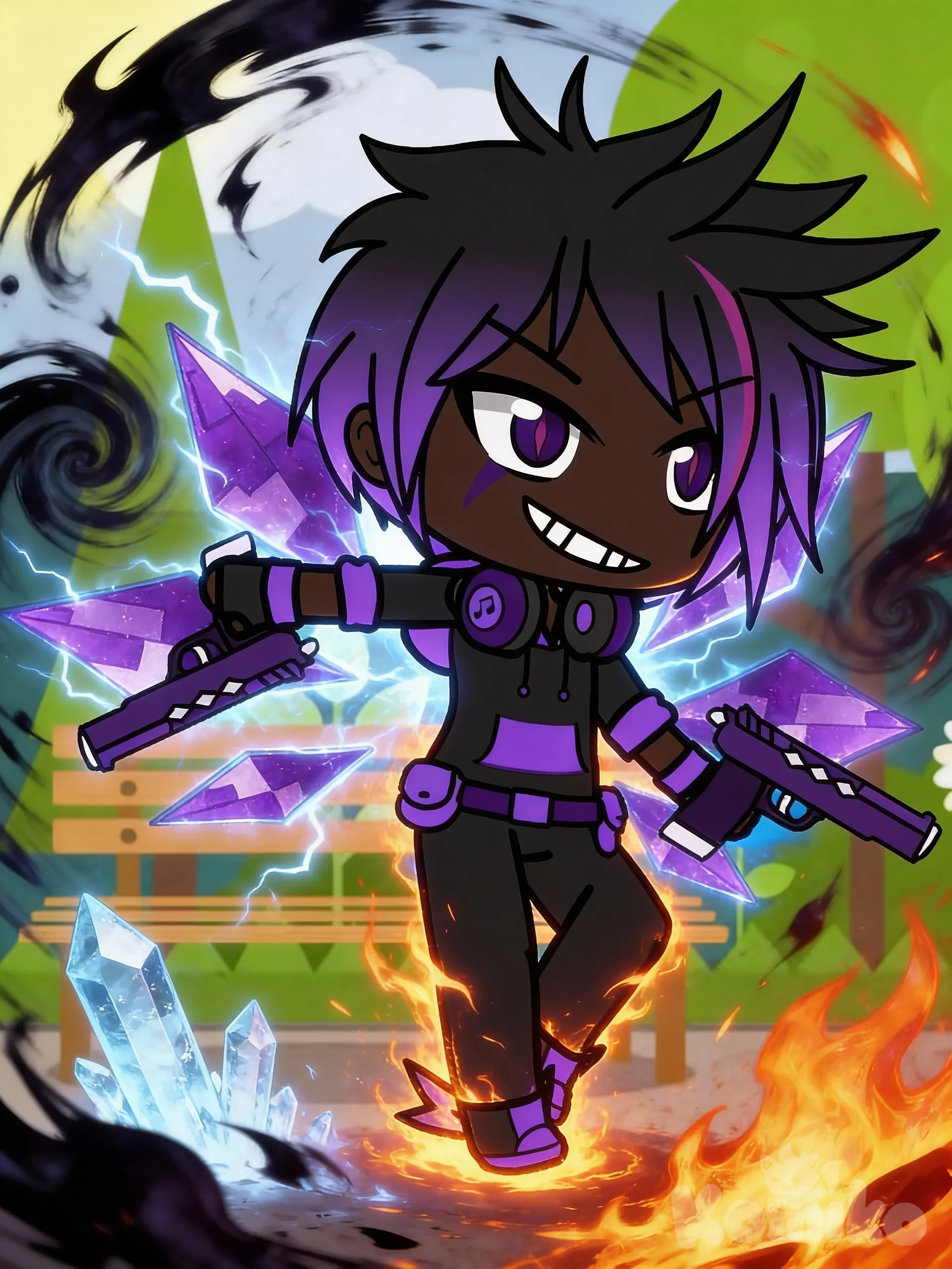 powering up, shadow, ice, fire, with both guns.