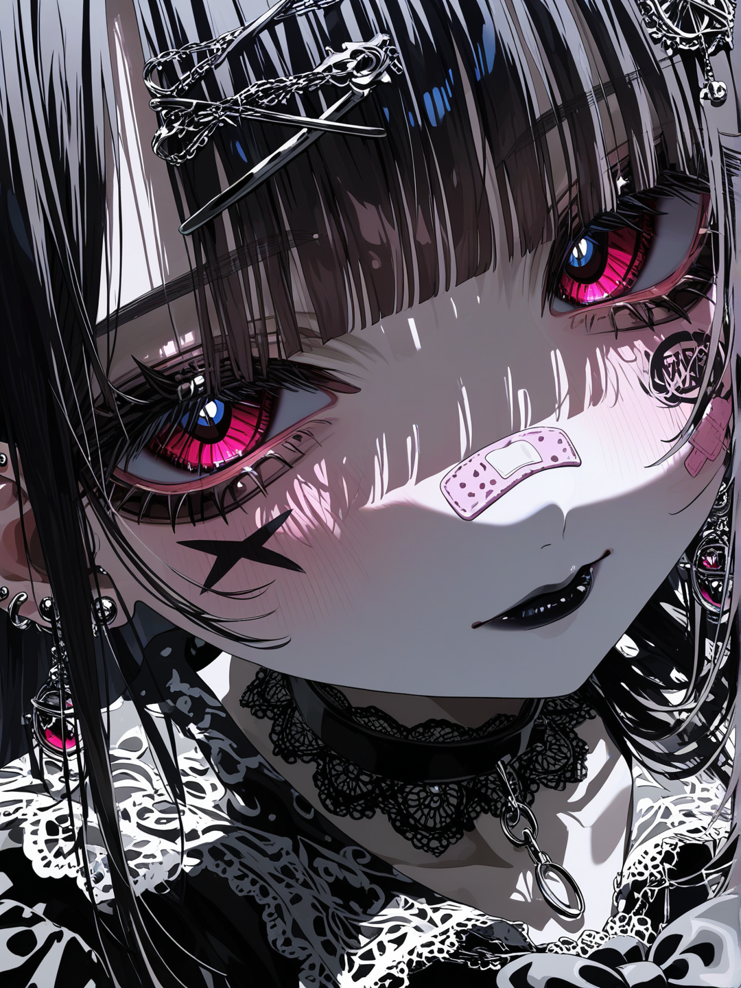 [vivid-close-up-style]黑长直，齐刘海 红色眼珠 gothgirl,脸部有复制漂亮的哥特花纹 整体色彩以黑白为主，出了眼睛是红色的，画面聚焦于头部
