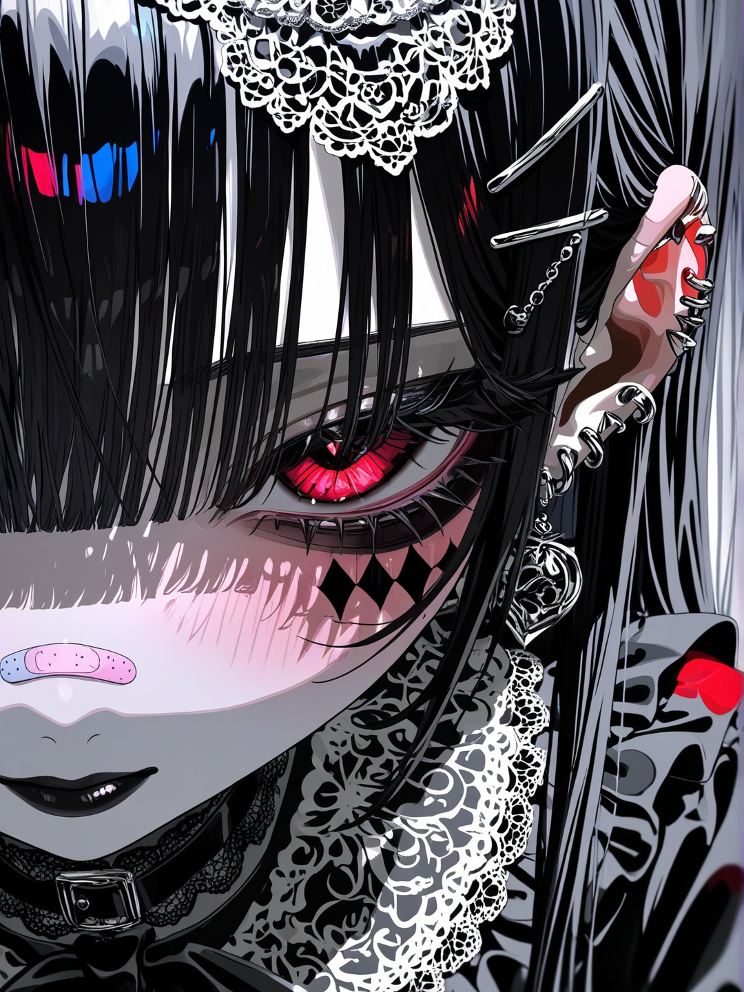 [vivid-close-up-style]黑长直，齐刘海 红色眼珠 gothgirl,脸部有复制漂亮的哥特花纹 整体色彩以黑白为主，出了眼睛是红色的，画面聚焦于头部