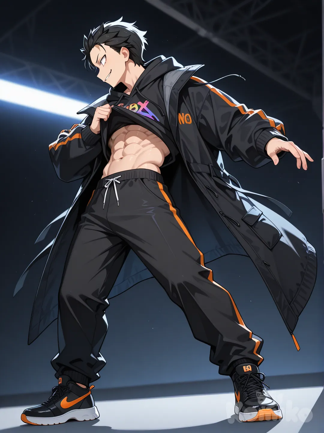 evil smile, side profile photo ele esta usando casaco grosso tenis preto fechado skatista moletom cor de arco iris e preto escrito "HentaiSupremo", panoramic lens, full body, blurred background, rim light, @Natsuki_Subaru femboy sexer levantando a blusa ate o peito corpo atletico

Ferramentas