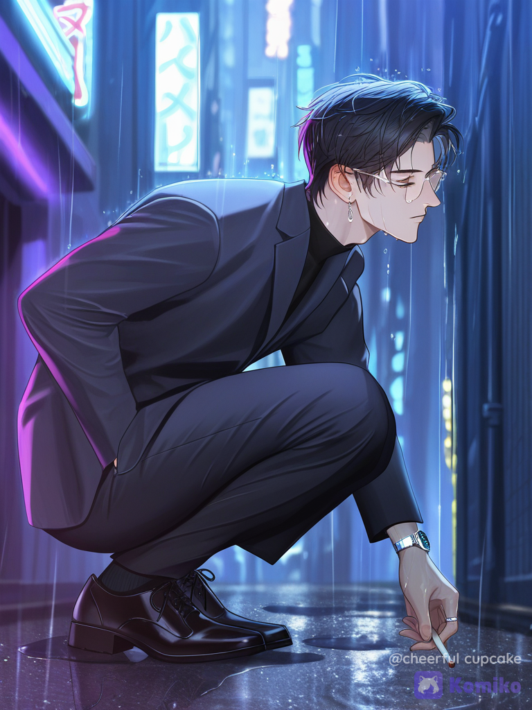 [ethereal-bishounen-style], @mark-CC5h， 穿着黑色西装，左手给右手戴手套，嘴里叼着烟，向下俯视。雨天，戴眼镜，眼镜反光。阴暗小巷。背景为雨夜繁华城市，, depth of field, night, 1boy, holding hair, kimono top, looking away