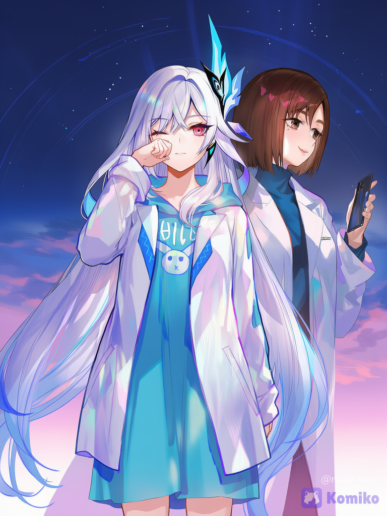 [iridescent-style], 1girl | 1girl, Skirk (Genshin Impact), wiping tears, looking at phone, hoodie, looking at viewer, pixel art style, soft color palette, 1girl, @Ieiri_Shoko, kneeling, lab coat, ultra-wide shot