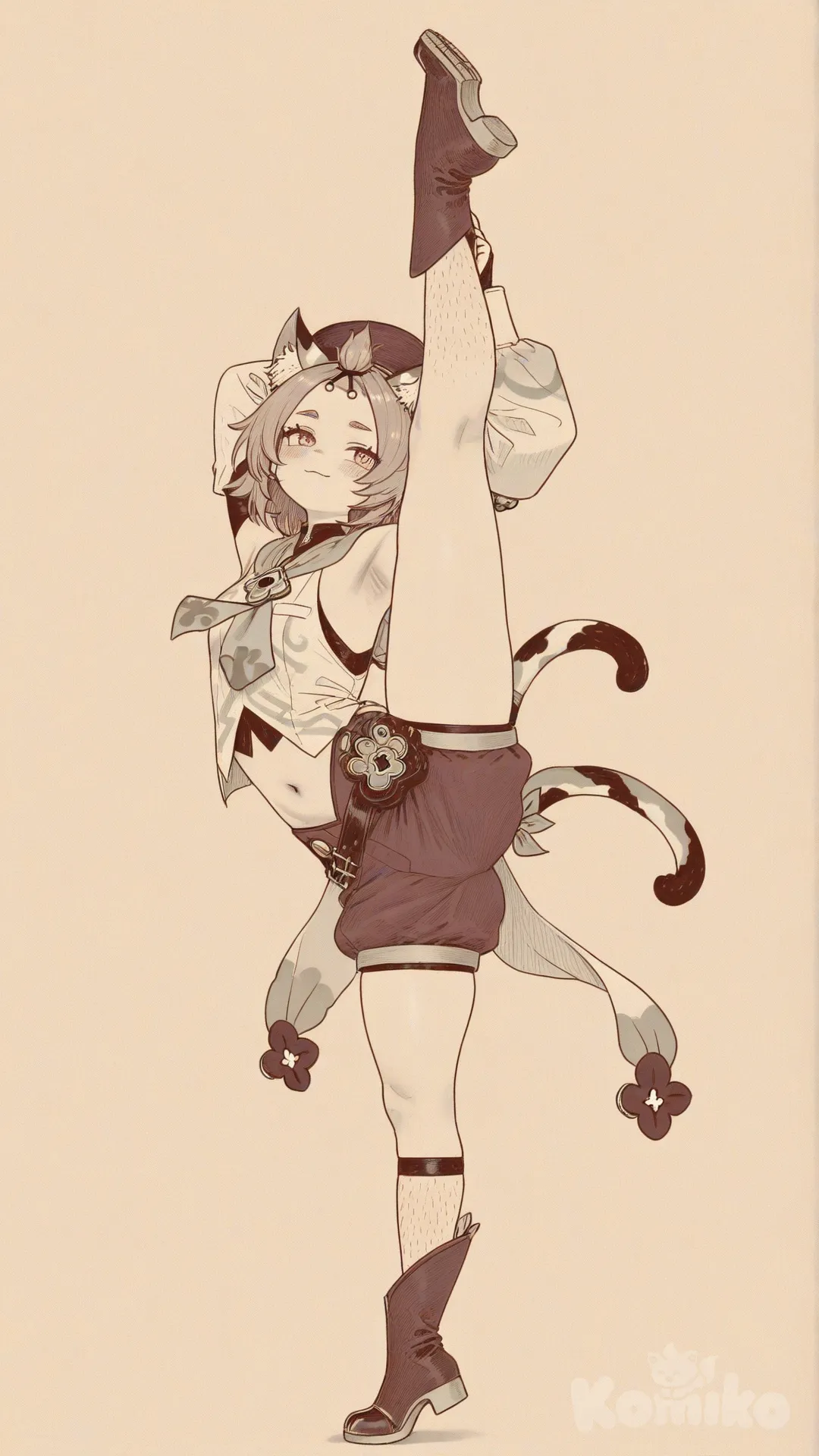 in arabic dancer clothes, one leg in air, arm sleeves, leg sleeves, vagina hairy, armpits hairy, [sensual-glossy-style], Diona (Genshin Impact)