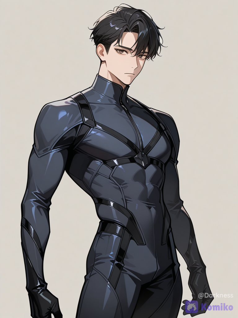 1 homem alto; seu corpo é magro; os cabelos são pretos e os olhos castanhos; seu rosto é oval tem traços definidos sendo relativamente bonito, os ombros são retos, suas costas um pouco largas, os braços médios, sua cintura reta e as coxas firmes., expressionless, front profile photo, looking at viewer, cowboy shot