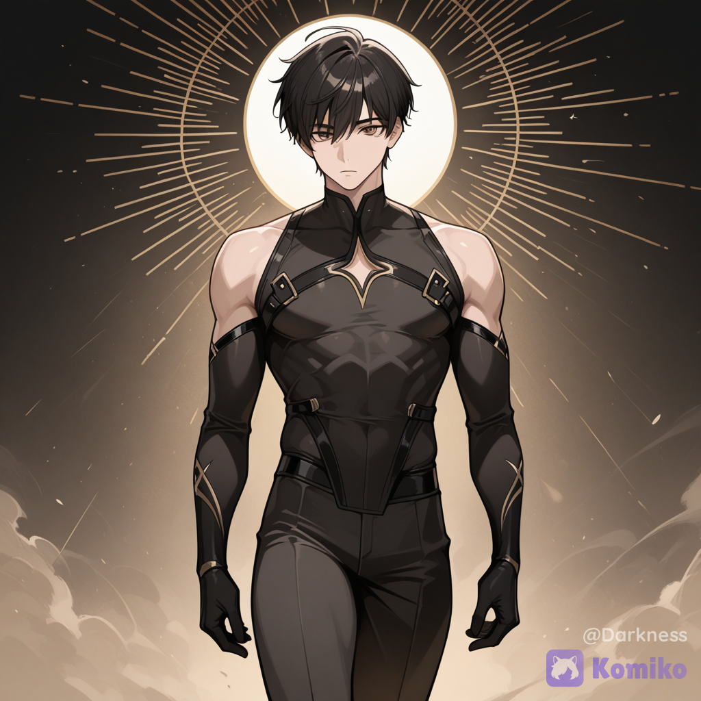 1 homem alto; seu corpo é magro; os cabelos são pretos e os olhos castanhos; seu rosto é oval tem traços definidos sendo relativamente bonito, os ombros são retos, os braços médios, sua cintura reta e as coxas firmes., expressionless, de frente, looking at viewer