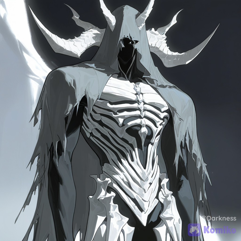 [desaturated-illustration-style], 1monstro humanoide masculino, corpo Negro como o vazio, placas ósseas brancas cobrem toda sua cabeça, a abertura dos olhos é negra, um par de chifre brances saem da lateral da cabeça e se erguem para cima, cintura reta e ombros largos, usando um peitoral leve de couro e um manto cinza feito de trapos, side light, cowboy shot