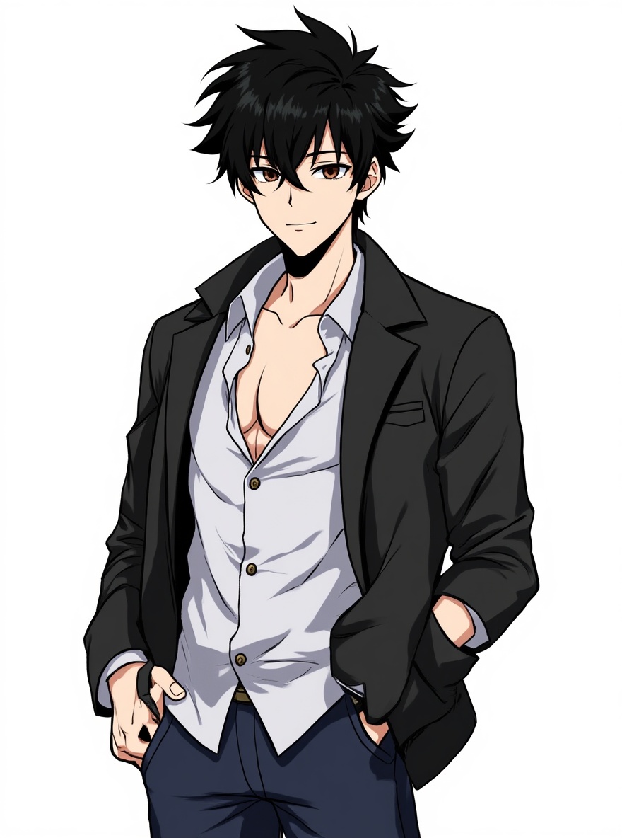 1boy, badass_sung_jin_woo, original character, teenager, athletic, wavy hair, black hair, brown eyes, freckles, fair skin, One Piece style, single character, full body, looking at viewer, anime style, simple background, white background