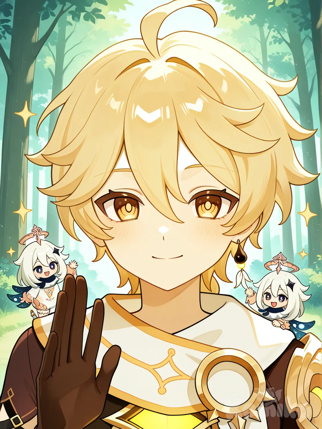 @Aether_(Genshin_Impact), high five, @Paimon_(Genshin_Impact), front profile photo, day, portrait, forest