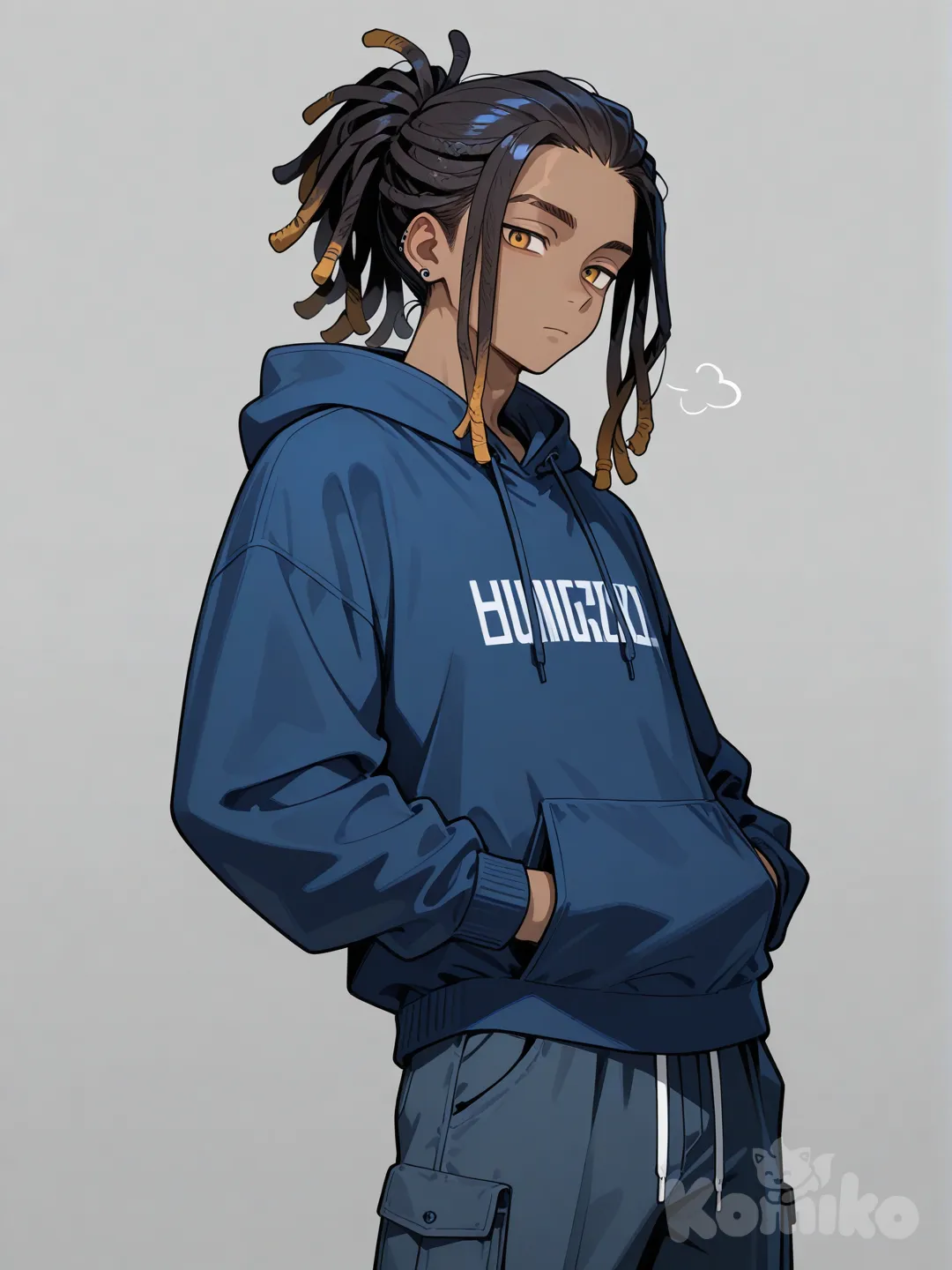 hoodie, cargo pants, dreadlocks, navy blue