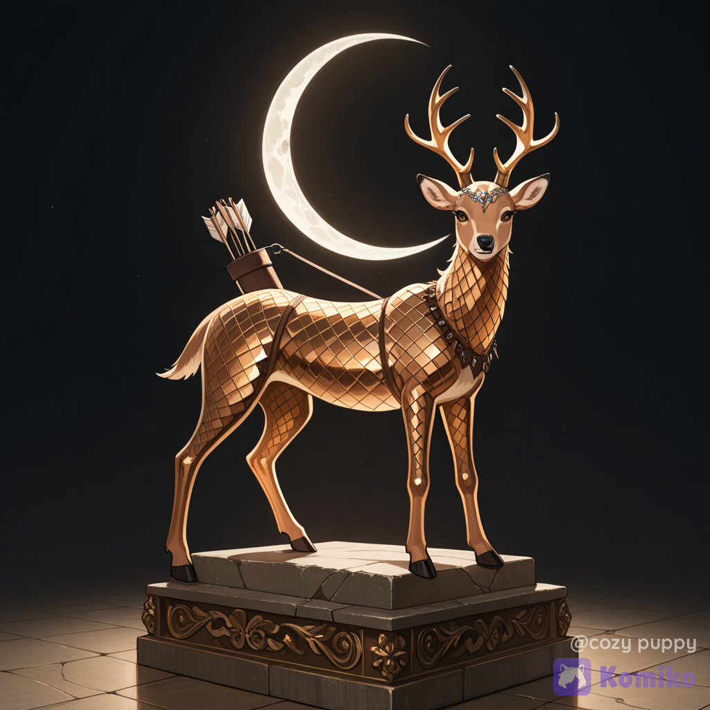 Crea una imagen de una escultura abstracta en la que tienes que añadir la simbología asociada a "Diana La Cazadora". Aquí te detallo los símbolos tradicionales que definen su mítica identidad:
El Arco y la Flecha: Representan su capacidad de proteger y castigar. El arco simboliza el poder de alcanzar objetivos con precisión, mientras que la flecha se asocia a menudo con la llegada repentina de la muerte o la enfermedad, especialmente en mujeres.
La Luna (Creciente): Es su símbolo celeste más distintivo. Representa su faceta como diosa lunar, vinculada a los ciclos naturales y a su control sobre la noche. A menudo aparece como una pequeña diadema o media luna sobre su cabeza.
El Ciervo (o cierva): Es su animal sagrado por excelencia. Representa la naturaleza salvaje, la agilidad y la libertad de los bosques. La relación entre Diana y el ciervo simboliza la armonía entre la cazadora y su presa, sugiriendo que, aunque ella es la dueña de la caza, también es la protectora de los animales.
El Carcaj: Recipiente que contiene sus flechas, generalmente colgado a su espalda. Es un atributo esencial de su oficio como cazadora que refuerza su preparación y destreza en el entorno natural. Qué la textura parezca meta o piedra, con un acabado brutalista. El resultado a de ser de nivel profesional de estudio fotográfico. Aplica Raytracing.