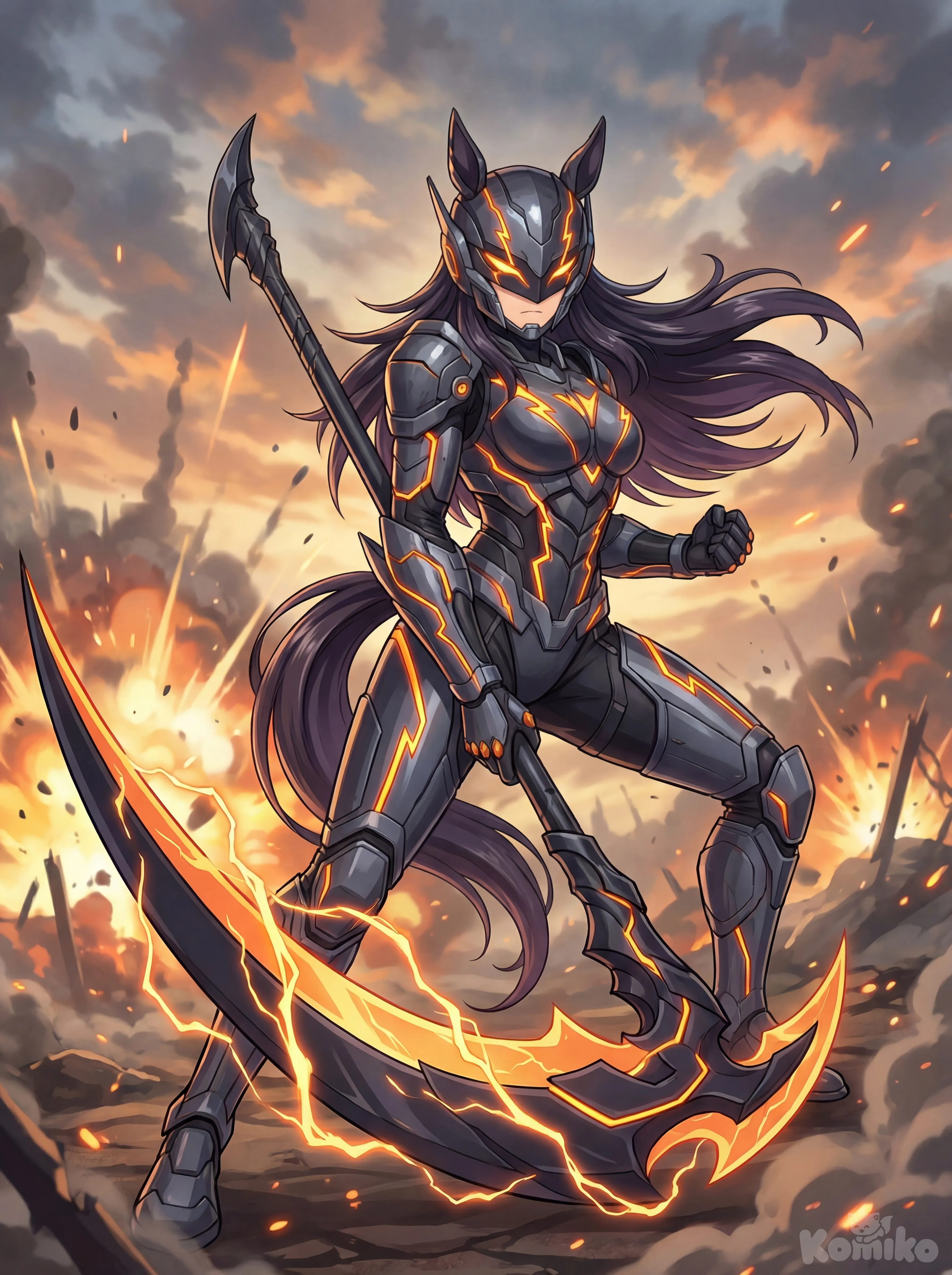 Based on the artistic style of anime, create a character, recreate Phenomenon (Umamusume), wearing the Black Racer (DC Comics) suit with orange lightning, wielding the Black Racer's scythe, epic pose, epic and dynamic scene