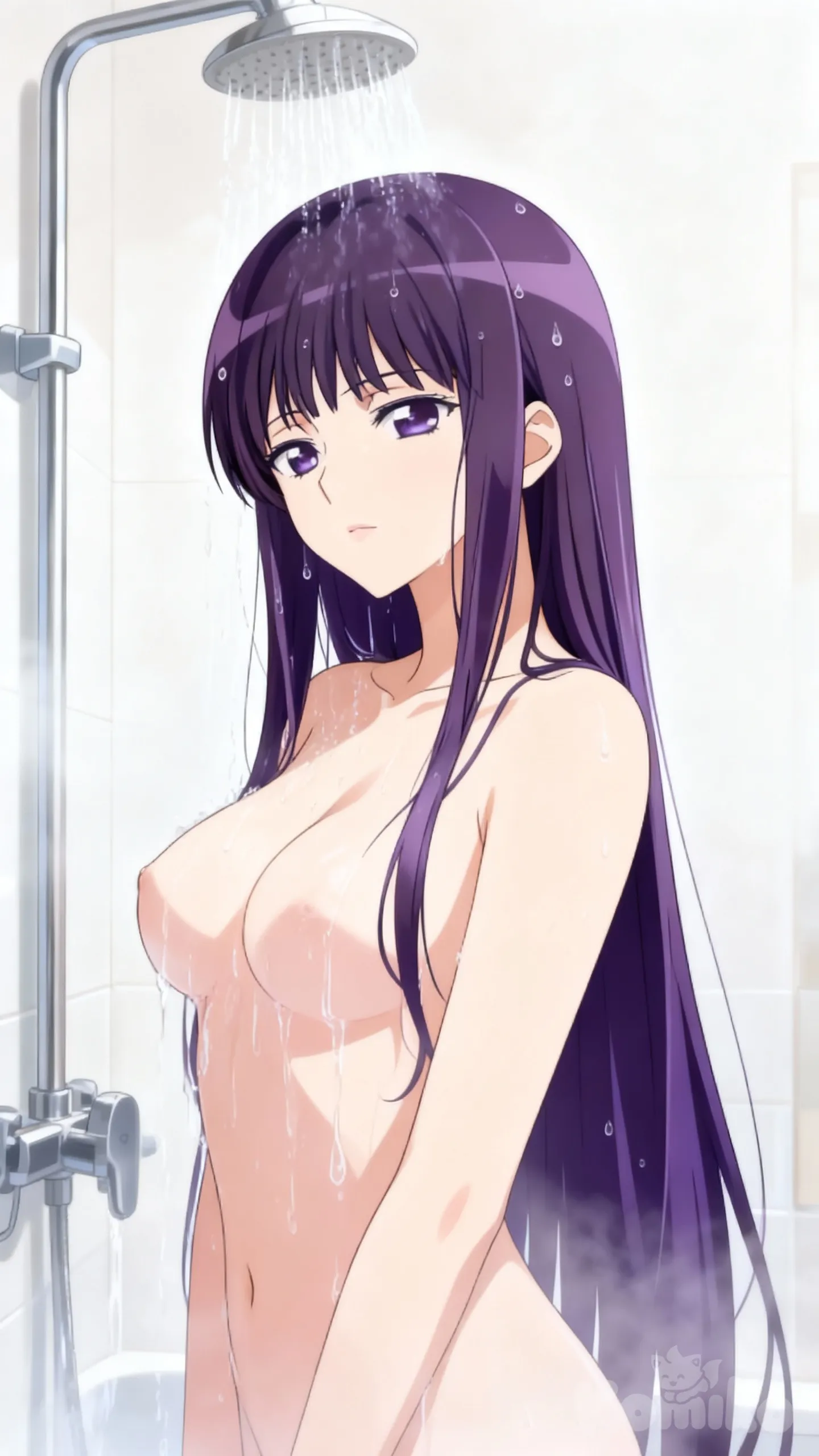 Iwami Sara, long hair waist, purple hair, hime cut, naked, medium breast, bathroom, shower