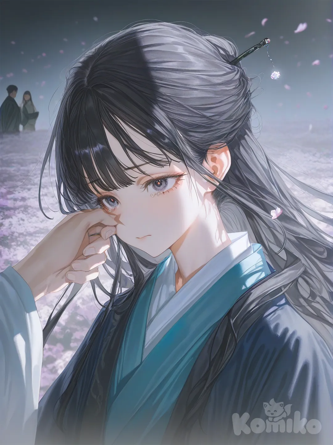 1boy, 1girl, 2people, [soft-light-illustration-style], wiping tears, expressionless, frown, crying, depressed, chinese clothing, hanfu, tall man with long black hair, with a woman, hairpin, earrings, straight bangs, portrait, closeup, ambient light, forest, field, flower field, leaves falling, sakura tree with leaves falling, romantic sadness, drama, china