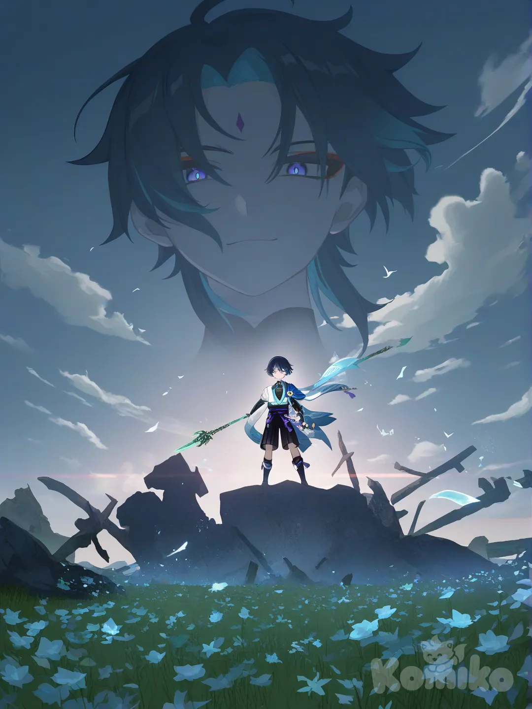 Wanderer (Genshin Impact), Xiao (Genshin Impact), Xiao with spear, fighting each other, elemental powers Genshin impact, blood, smirk, expressionless, angry, full body, portrait, bird's-eye view, ultra-wide shot, depth of field, backlight, ambient light, gradient background, cloud, ruins, village, rainy, deadly, Genshin impact, last ending fight, core story fighting, [bright-anime-style], Wanderer AKA scaremouche and Xiao fighting against each other