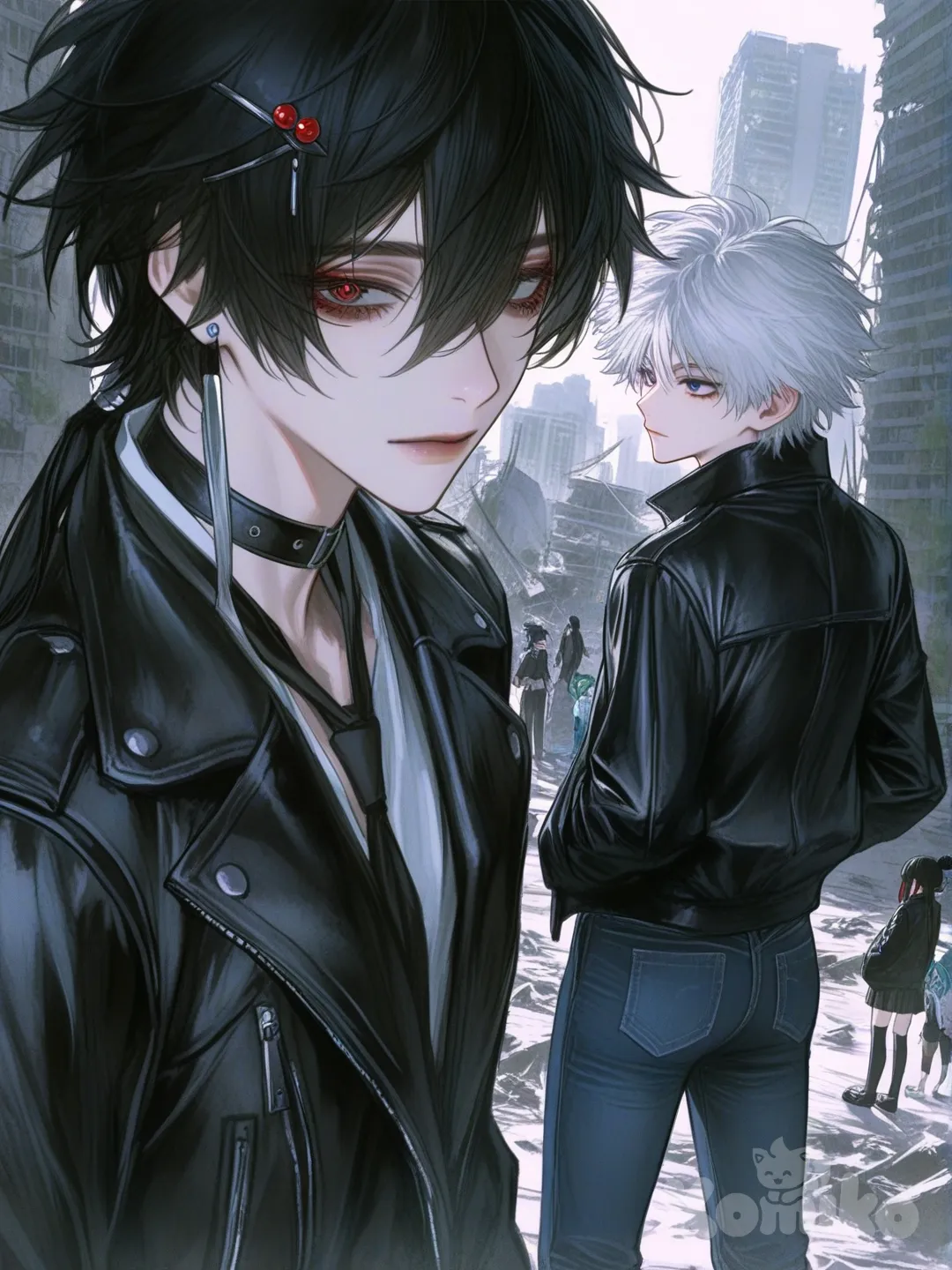 Glaceon, Killua Zoldyck, portrait, full body, 2people, 1boy, 1girl, Arlecchino (Genshin Impact), Zhongli (Genshin Impact), Scaramouche (Genshin Impact), Xiao (Genshin Impact), Yelan (Genshin Impact), Clorinde (Genshin Impact), Wanderer (Genshin Impact), Diluc (Genshin Impact), Azami, Himeno (Chainsaw Man), Hayakawa Aki, Nayuta (Chainsaw Man), Reze (Chainsaw Man), Yoru (Chainsaw Man), Dabi (Boku No Hero Academia), Blade (Honkai:Star Rail), Dan Heng (Imbibitor Lunae) (Honkai:Star Rail), Acheron (Honkai:Star Rail), gothic, watercolor (medium), retro style, hands in pockets, back to back, expressionless, leather jacket, punk leather jacket, jeans, hairpin, earrings, choker, looking at viewer, looking away, cityscape, skyscraper, ruins, [semi-realistic-portrait-style]