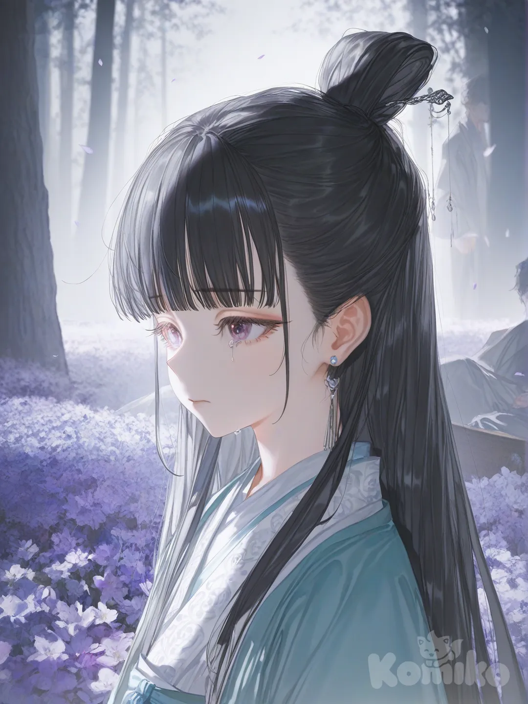 1boy, 1girl, 2people, [soft-light-illustration-style], wiping tears, expressionless, frown, crying, depressed, chinese clothing, hanfu, tall man with long black hair, hairpin, earrings, straight bangs, portrait, closeup, ambient light, forest, field, flower field, leaves falling, sakura tree with leaves falling, romantic sadness, drama, china