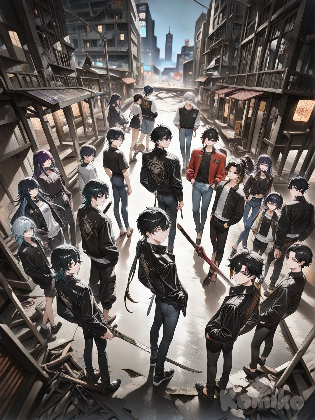 Zhongli (Genshin Impact), Scaramouche (Genshin Impact), Xiao (Genshin Impact), Wriothesley (Genshin Impact), Azami, Diluc (Genshin Impact), Gojou Satoru, Tomioka Giyuu, Hashibira Inosuke, Iguro Obanai, Tokitou Muichirou, Hayakawa Aki, Himeno (Chainsaw Man), Reze (Chainsaw Man), Yoru (Chainsaw Man), Fami (Chainsaw Man), Dan Heng (Imbibitor Lunae) (Honkai:Star Rail), Blade (Honkai:Star Rail), Aventurine (Honkai:Star Rail), [high-gloss-illustration-style], holding sword, hands in pockets, looking back, gathering together, back to back, smirk, expressionless, frown, leather jacket, punk leather jacket, varsity jacket, jeans, cargo pants, casual pants, headshot, portrait, closeup, upper body, full body, looking at viewer, looking away, panoramic lens, bird's-eye view, medium long shot, wide shot, ultra-wide shot, front profile photo, from below, depth of field, from above, ambient light, backlight, cinematic lighting, night, gradient background, cloud, cityscape, ruins, snowy, rainy