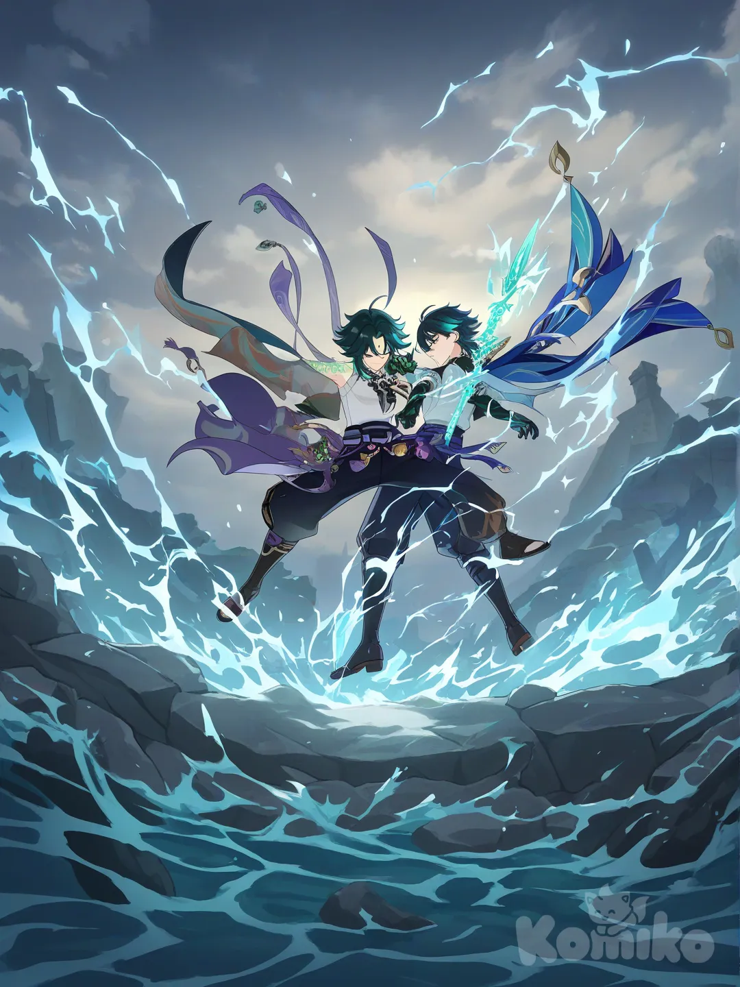 Wanderer (Genshin Impact), Xiao (Genshin Impact), Xiao with spear, fighting each other, elemental powers Genshin impact, blood, smirk, expressionless, angry, full body, portrait, bird's-eye view, ultra-wide shot, depth of field, backlight, ambient light, gradient background, cloud, ruins, village, rainy, deadly, Genshin impact, last ending fight, core story fighting, [bright-anime-style]