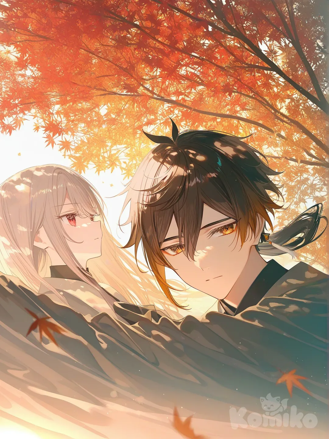 Zhongli (Genshin Impact), Guizhong (Genshin Impact), Liyue field, [iridescent-style], sitting together, sad dramatic scene, expressionless Zhongli, laughing, smile Guizhong, portrait, ambient light, beautiful, leaves falling