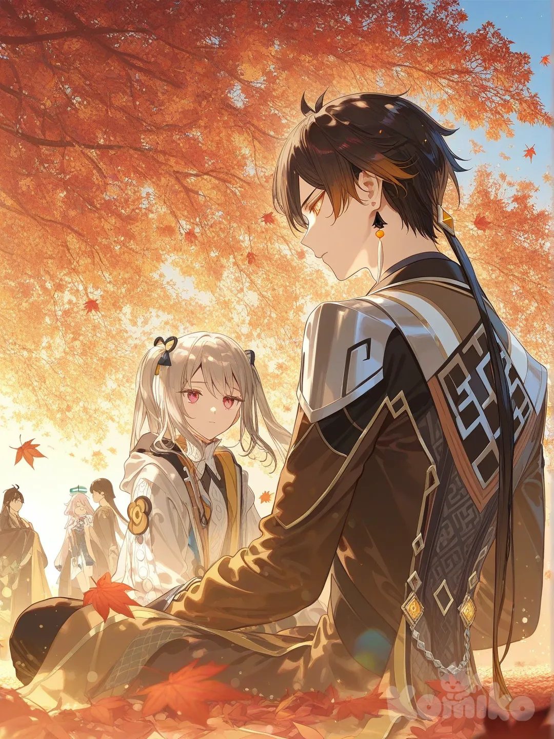 Zhongli (Genshin Impact), Guizhong (Genshin Impact), Liyue field, [iridescent-style], sitting together, sad dramatic scene, expressionless Zhongli, laughing, smile Guizhong, portrait, ambient light, beautiful, leaves falling, Guizhong laughing happy, chinese