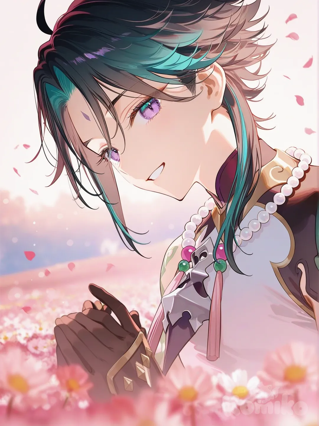 Xiao (Genshin Impact), Azami, [iridescent-style], picnic, holding hands, portrait, backlight, ambient light, field, flower field, laughing, expressionless, smile, Liyue Genshin Impact, leaves falling