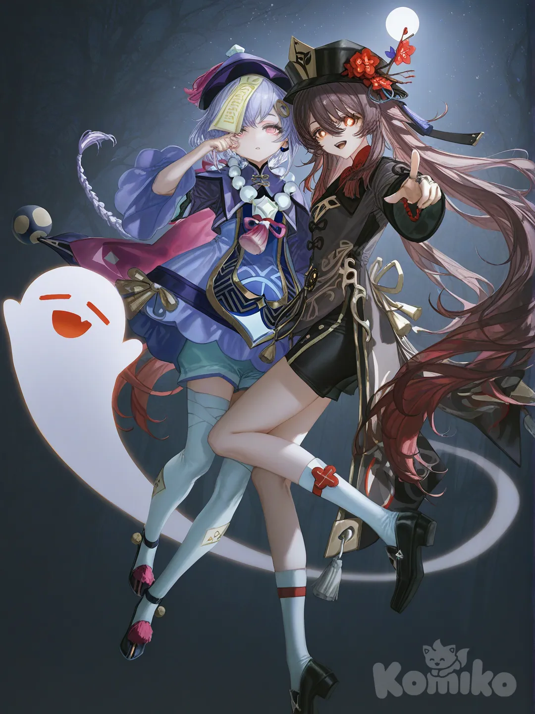 full body, ambient light, Liyue, Qiqi (Genshin Impact), Boo Tao (Genshin Impact), [soft-light-illustration-style], pointing at viewer, wiping tears of laughter, scaring someone, 2people, laughing, open mouth, portrait, Hu Tao (Genshin Impact), halloween, scaring someone, scary, prank, forest, night, twilight, cosmic background