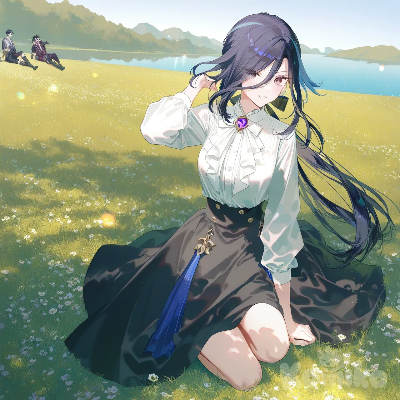 Wriothesley (Genshin Impact), Clorinde (Genshin Impact), [iridescent-style], 2people, sitting on the ground, smile, smirk, blush, portrait, full body, ambient light, day, blue sky, field, lake, Fontaine ( genshin impact)