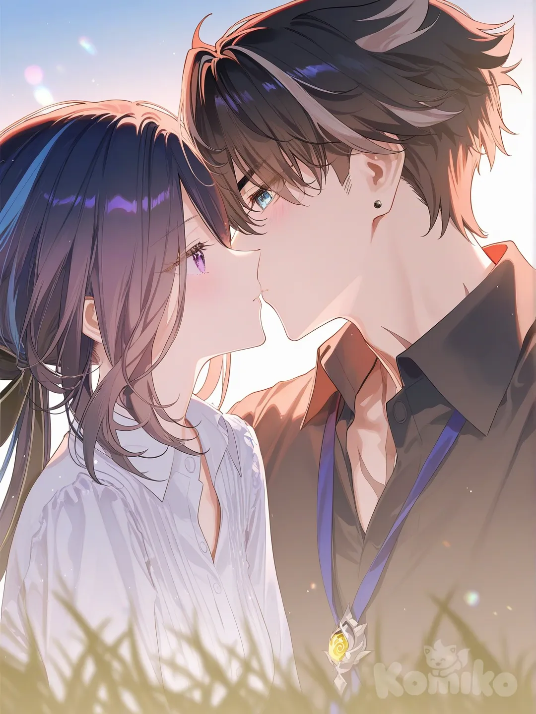 Wriothesley (Genshin Impact), Clorinde (Genshin Impact), [iridescent-style], 2people, kissing, blush, portrait, full body, ambient light, field, blue sky, Fontaine (genshin impact)